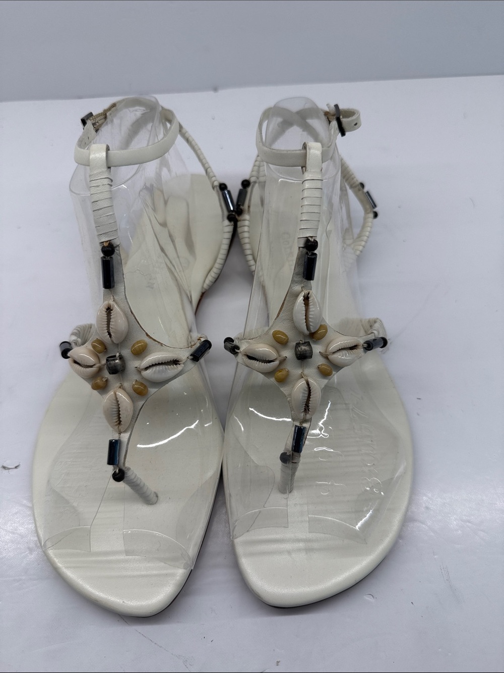 Cole Haan Ivory Shell T-Strap Sandals with Bead Accents